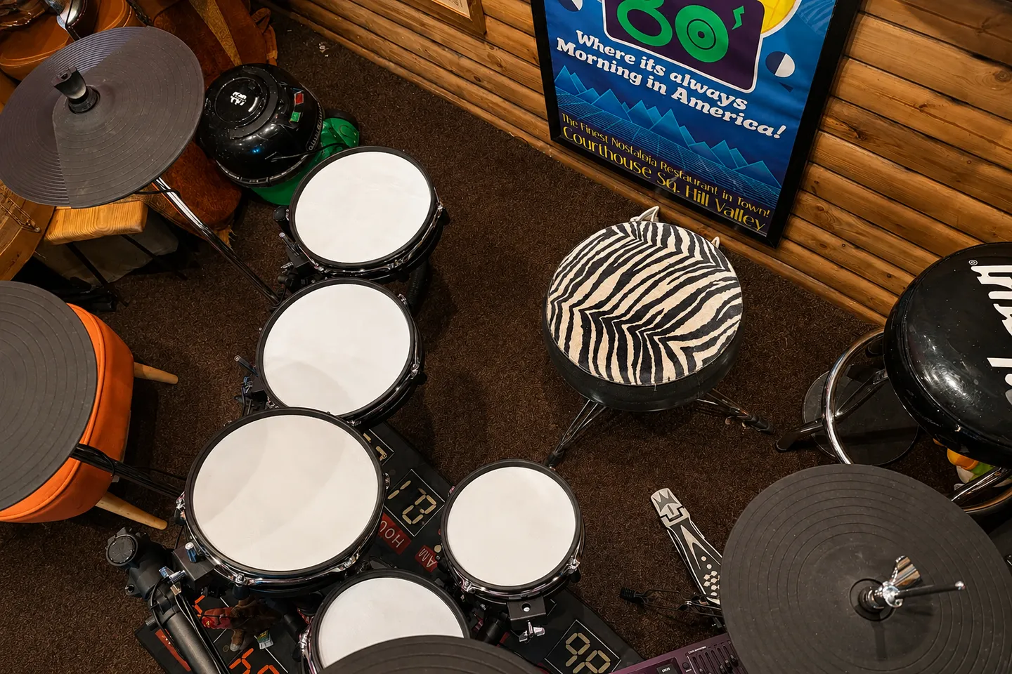 Overhead view of the electronic drum kit at Six String Studio